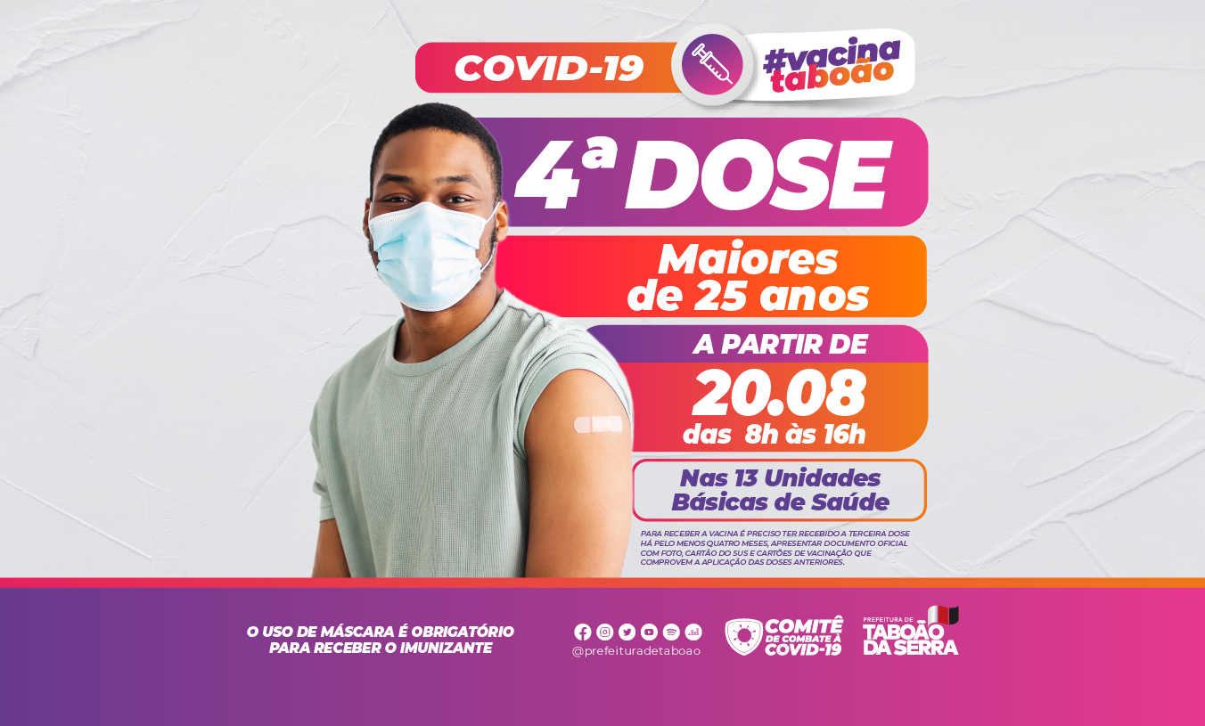 ARTE - Taboão da Serra vacina maiores de 25 anos com 4ª dose contra Covid-19 a partir de sábado 20-08