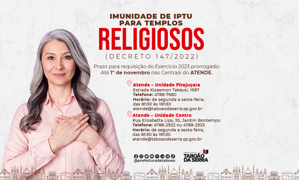 ARTE - Taboão da Serra prorroga até 01-11 prazo para entidades religiosas solicitarem imunidade do IPTU