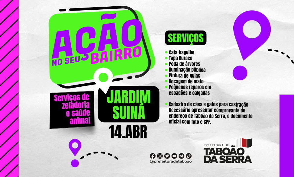 ARTE - Jardim Suiná recebe Ação no Seu Bairro nesta sexta-feira, 1404, em Taboão da Serra