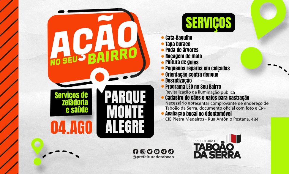 ARTE - Prefeitura de Taboão da Serra realiza Ação no Seu Bairro no Parque Monte Alegre esta semana