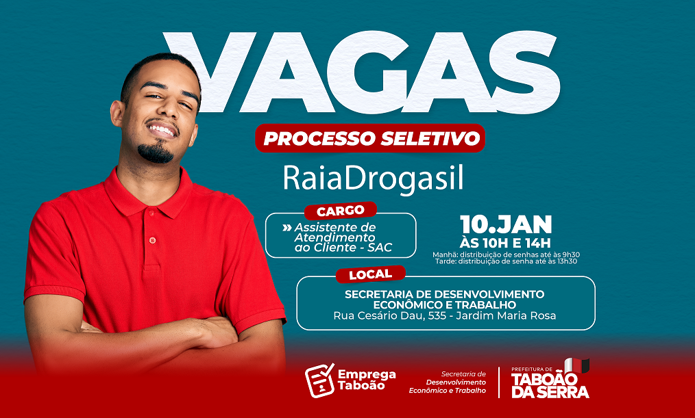 Emprega Taboão e RaiaDrogasil realizam processo seletivo com 30 vagas na quarta-feira 10 01
