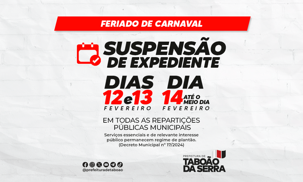 ARTE - Prefeitura de Taboão da Serra altera expediente durante o Carnaval