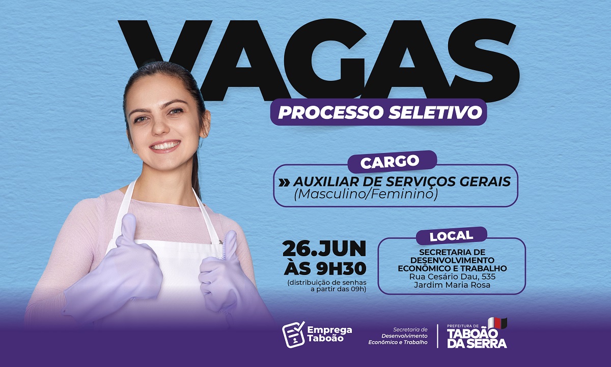 ARTE - Emprega Taboão realiza processo seletivo para Auxiliar de Serviços Gerais nesta quarta-feira 2606