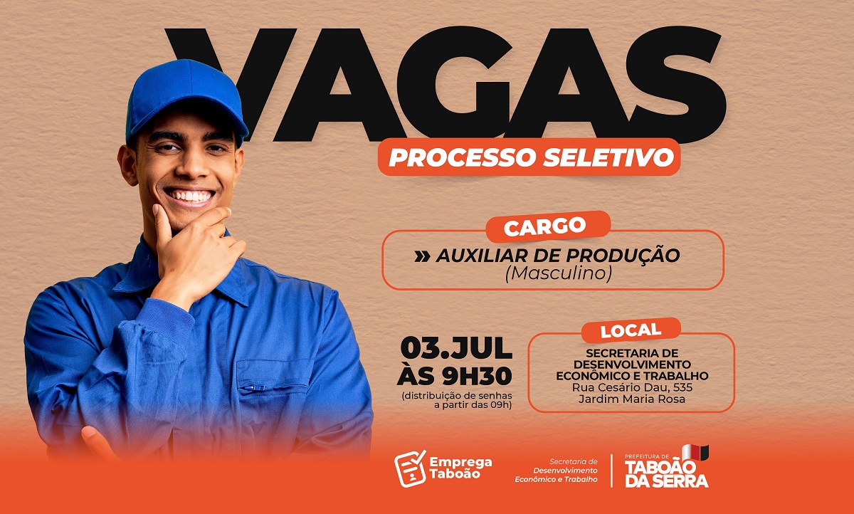 ARTE - Seleção para Auxiliar de Produção acontece em 3 de julho em Taboão da Serra