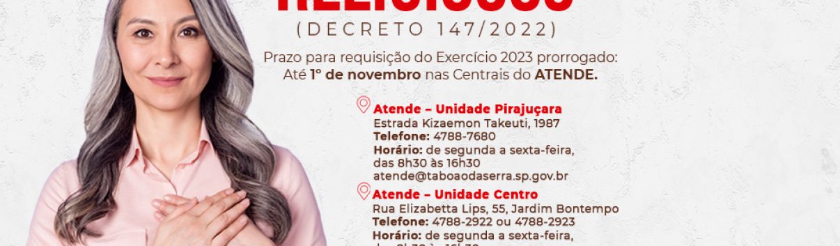 ARTE - Taboão da Serra prorroga até 01-11 prazo para entidades religiosas solicitarem imunidade do IPTU